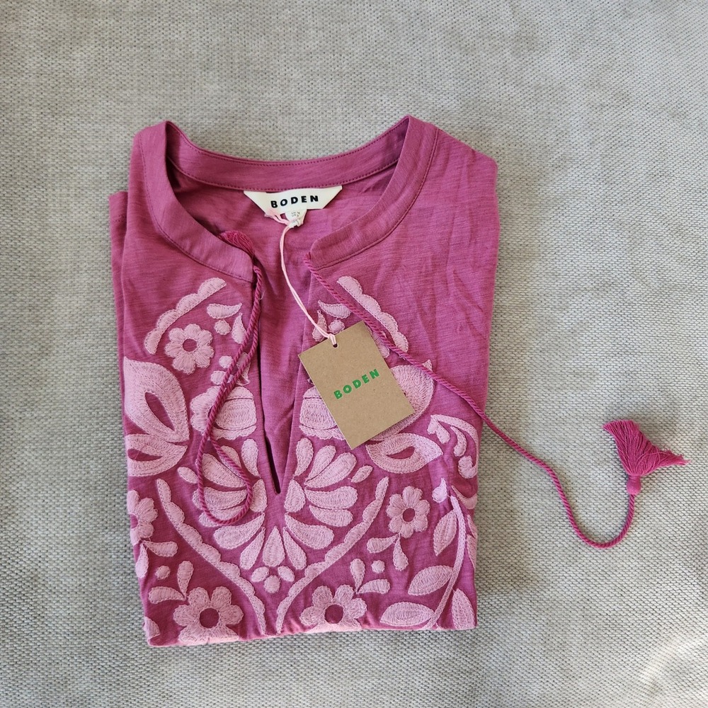 Boden Pink Embroidered Cotton Slub Tassel Top T2100 US 10